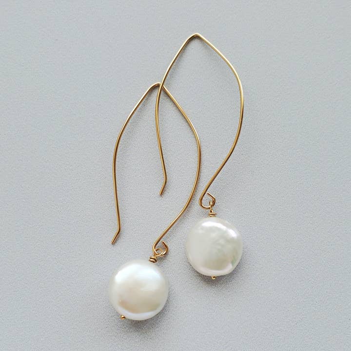 Coin Pearl Dangle Earrings, Threader Earrings for wholesale by Carrie Whelan Designs