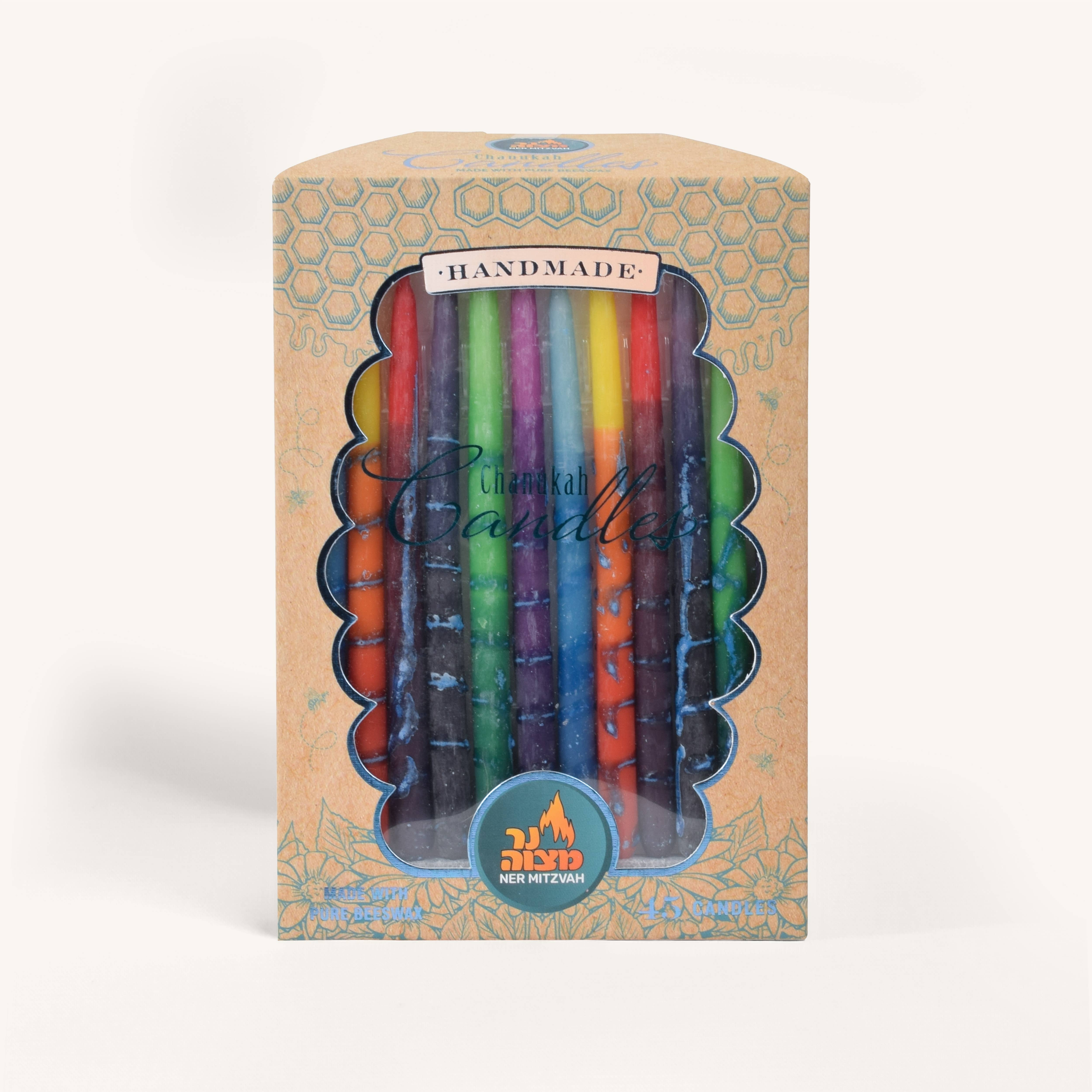 Ner Mitzvah - Wholesale Tapered Candle/Candlestick - Beeswax Chanukah Candles - Decorated Multi Color - 45 Pack1