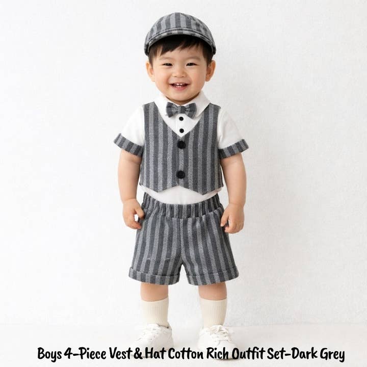 Boys Cotton Rich 4-Piece Vest & Hat Outfit Set for wholesale by Omnis Pura