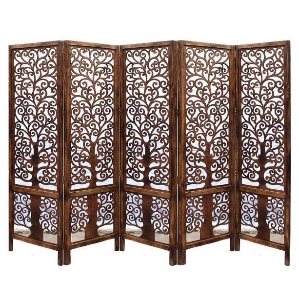 Handgefertigter 5-teiliger Raumteiler aus Mangoholz mit Blumenmuster – Sichtschutz 228×180 cm, Braun für den Großhandel von iAnanas