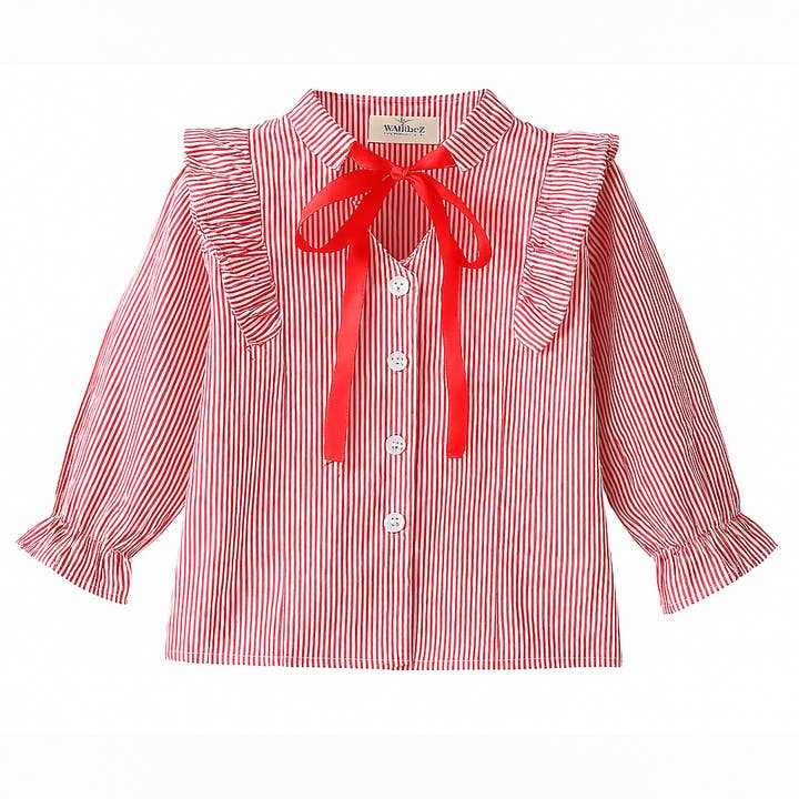 Red Ribbon Striped Toddler Girl Blouse for wholesale by Fennco Styles