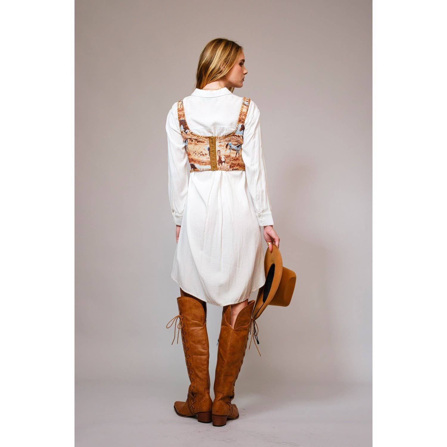 BROWN MULTI Western Horse Jacquard Stitch Detail Corset for wholesale on Faire6