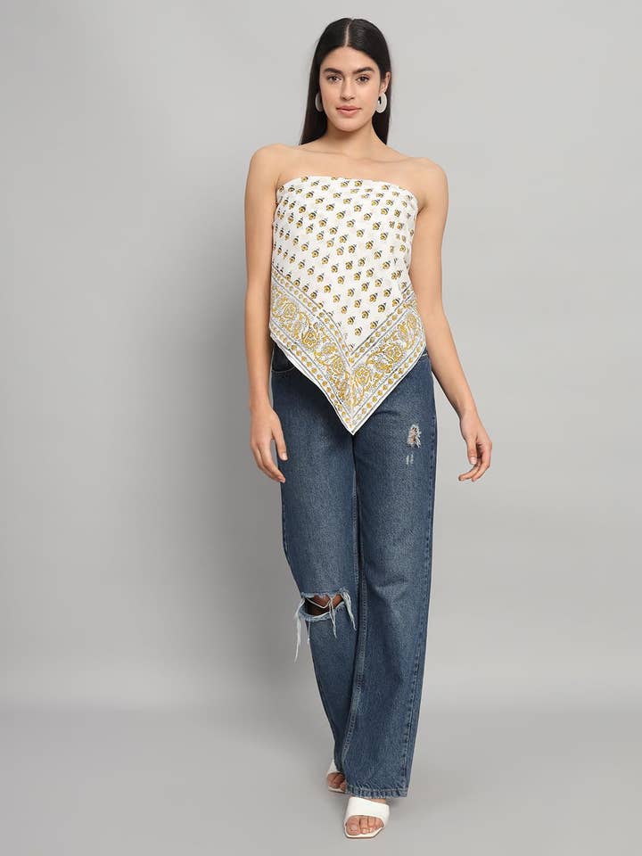 Women's Hand Block Printed Cotton Long Stole Scarves yellow for wholesale by NEOSTITCH LLC