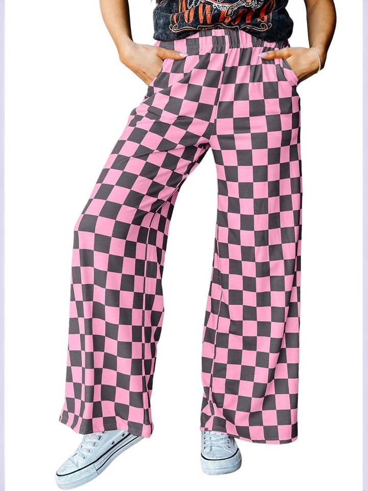 Rosa Clothing - Wholesale Pants - Women's - Casual Plaid Elastic Waist Wide Leg Pants