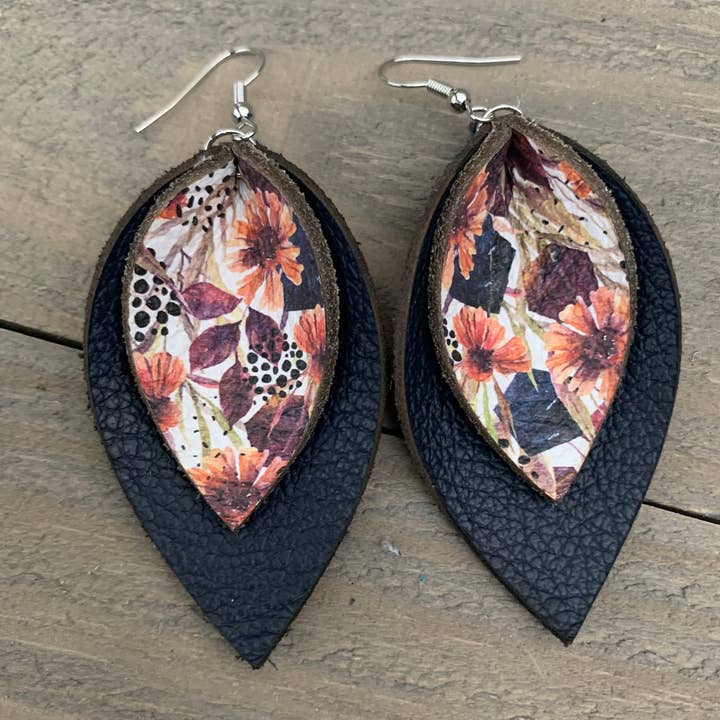 Jill's Jewels - Wholesale Dangle Earrings - Navy Fall Floral Double Layered Petal Leather Earrings