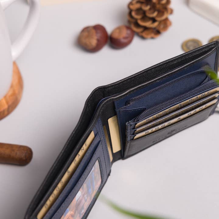 Redbrick - Wholesale Wallet - Men's - Biggs & Bane Men's Bifold Black & Navy Leather Wallet With Large Zip Coin Pocket