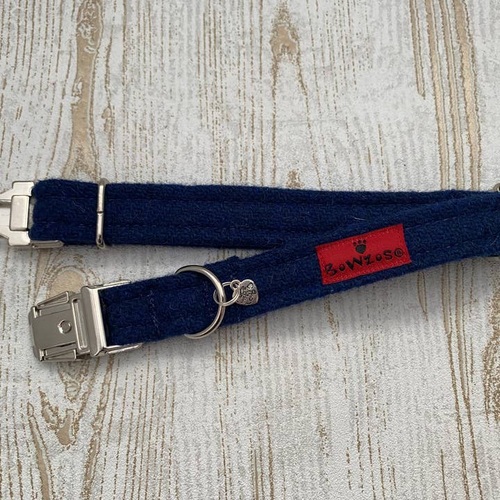 (Balmoral) Harris Tweed® Dog Collar - Blue (with Silver Buckle & Findings) for wholesale by BOWZOS
