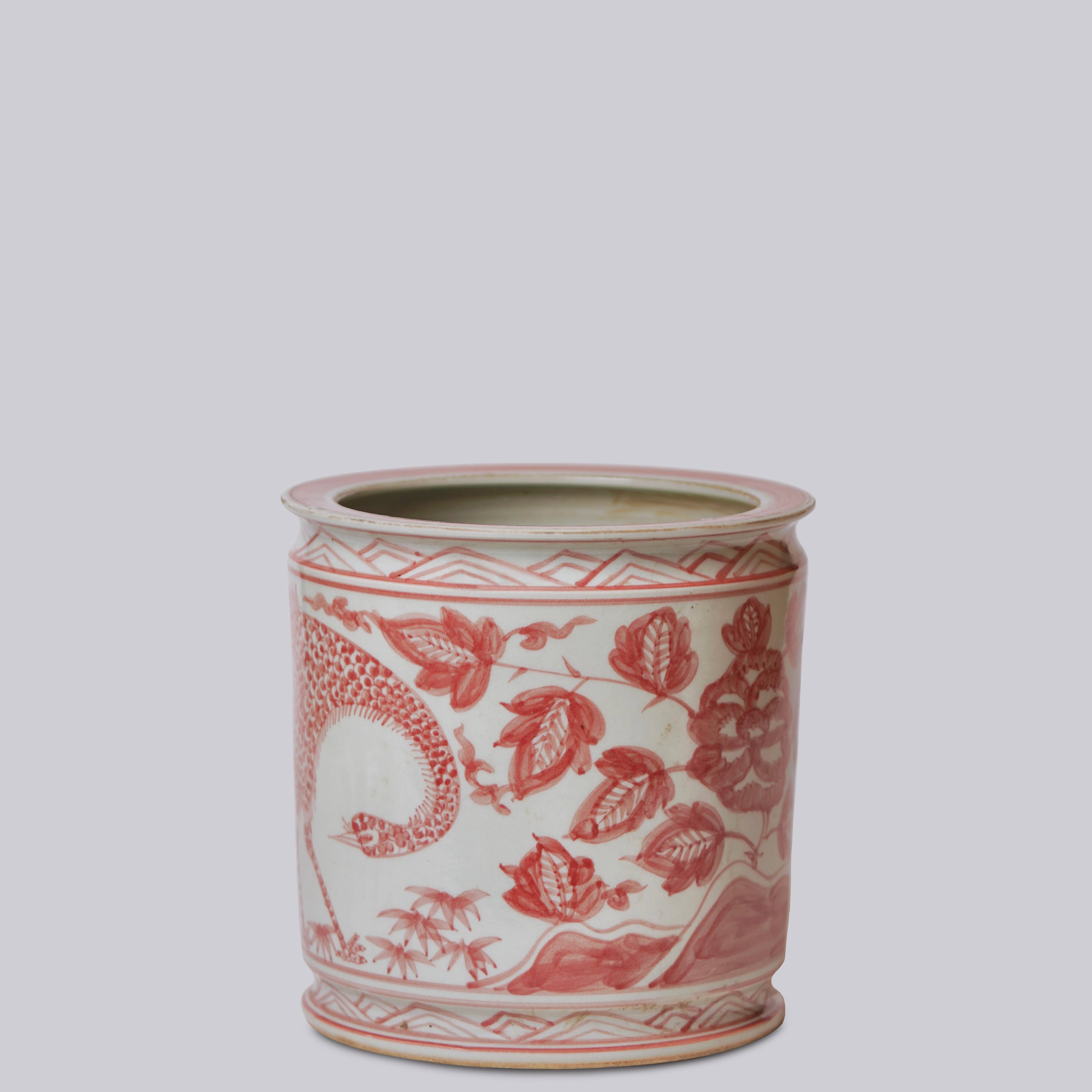 Cobalt Guild - Vente Pot pour plante d'intérieur - Cachepot en porcelaine rouge et blanc avec paon2