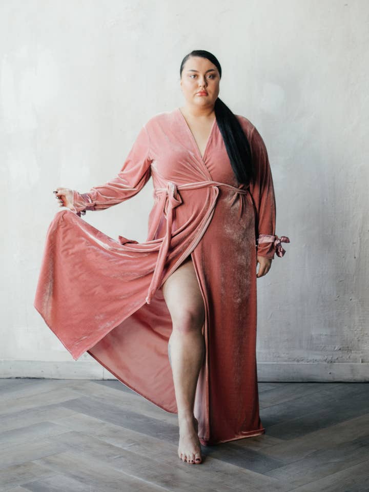 Velour Long Robe with Satin Ties Plus Size for wholesale by Angie's Showroom