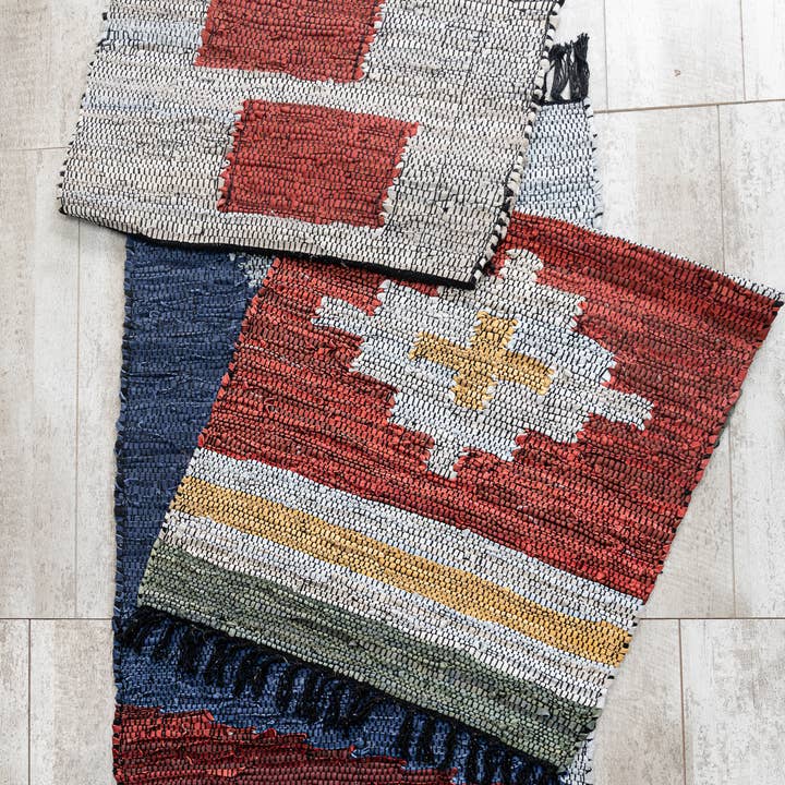 Geometric Leather Rectangle Rugs w/ Fringe Asst.3 for wholesale by India Handicrafts Inc