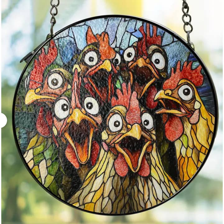 Crazy Chicken Glass Suncatcher, Funny Farmhouse Window Decor for wholesale by NVC Ecommerce LLC