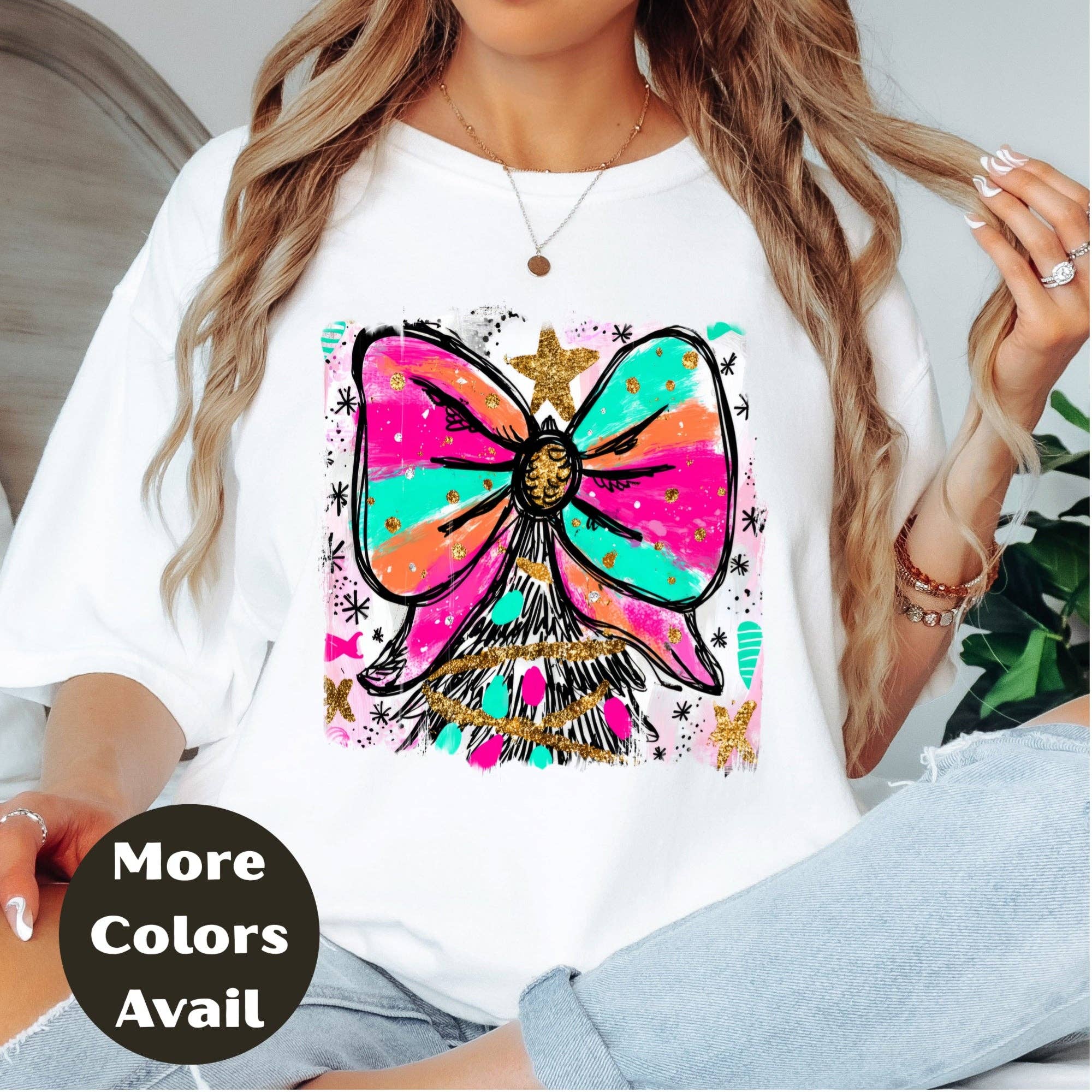 Epic Life  - Designed – wholesale Screen printed t-shirt – Women′s – Bright Bow Christmas Tree Shirt or Sweatshirt – Colorful Neon Holiday Top S-4XL Plus Size – Festive Christmas Tee3