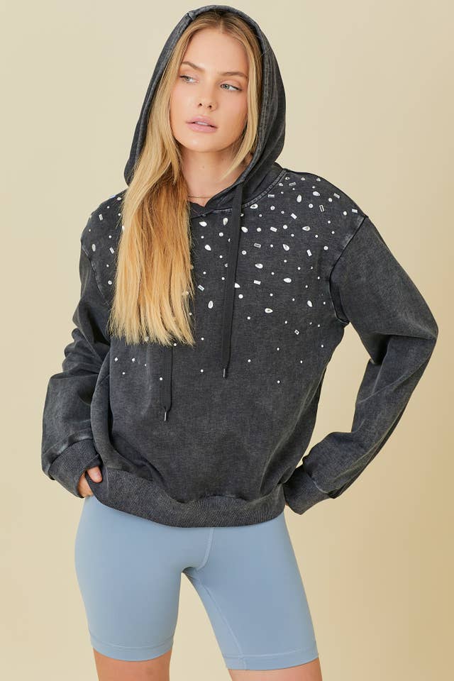 BLACK Washed Hoodie With All Over Rhinestone Detail for wholesale on Faire