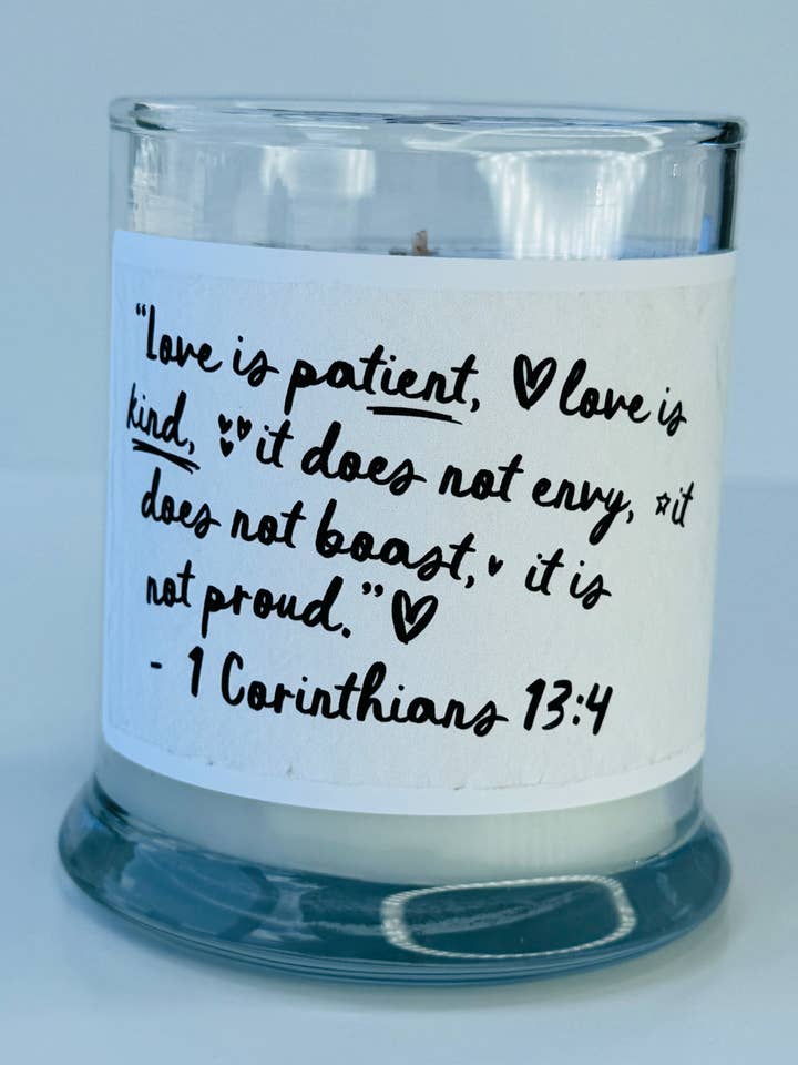 Bible Verse Candle - 1 Corinthians 13:4 for wholesale by Rambling Caravan