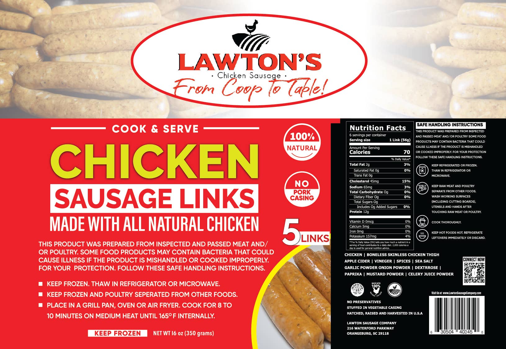 Lawton's Chicken Sausage - Wholesale Sausage - Lawton's Original Chicken Sausage Links - 5 Links 1lb2
