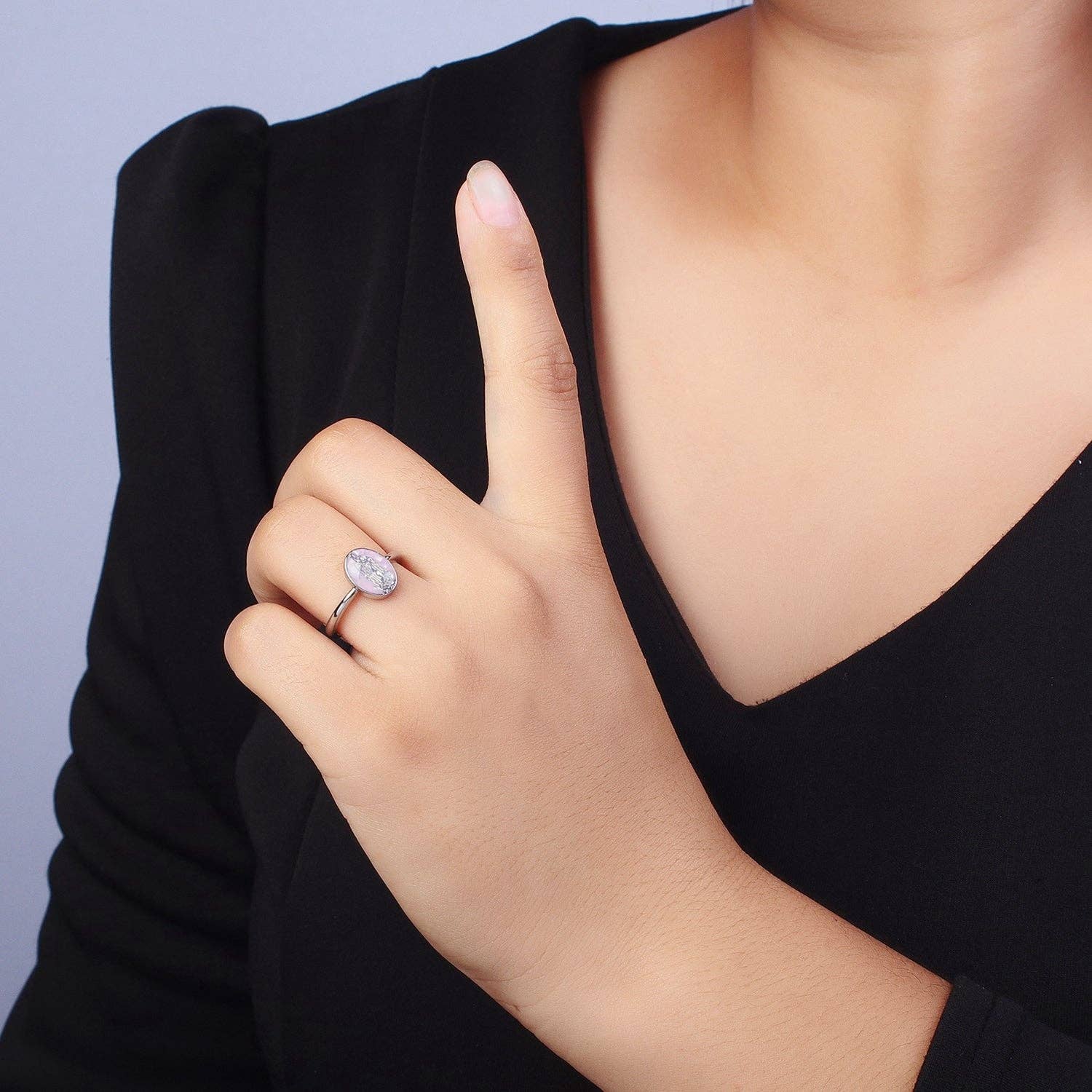 Aim Eternal - Wholesale Cocktail/Statement Ring - Gold Filled Oval Virgin Mother Mary Shell Opal Ring in Gold 14