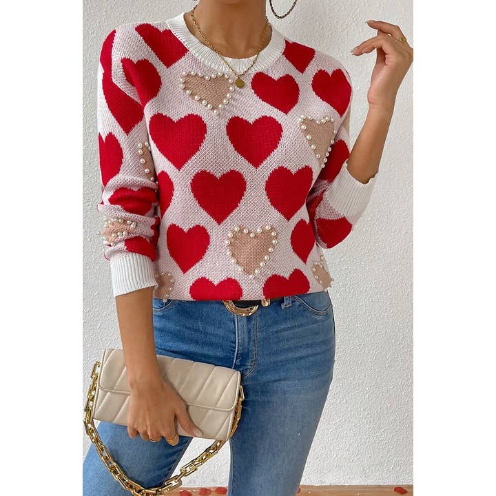RED Round Neck Heart Shape Pearl Beads Knit Sweater for wholesale on Faire