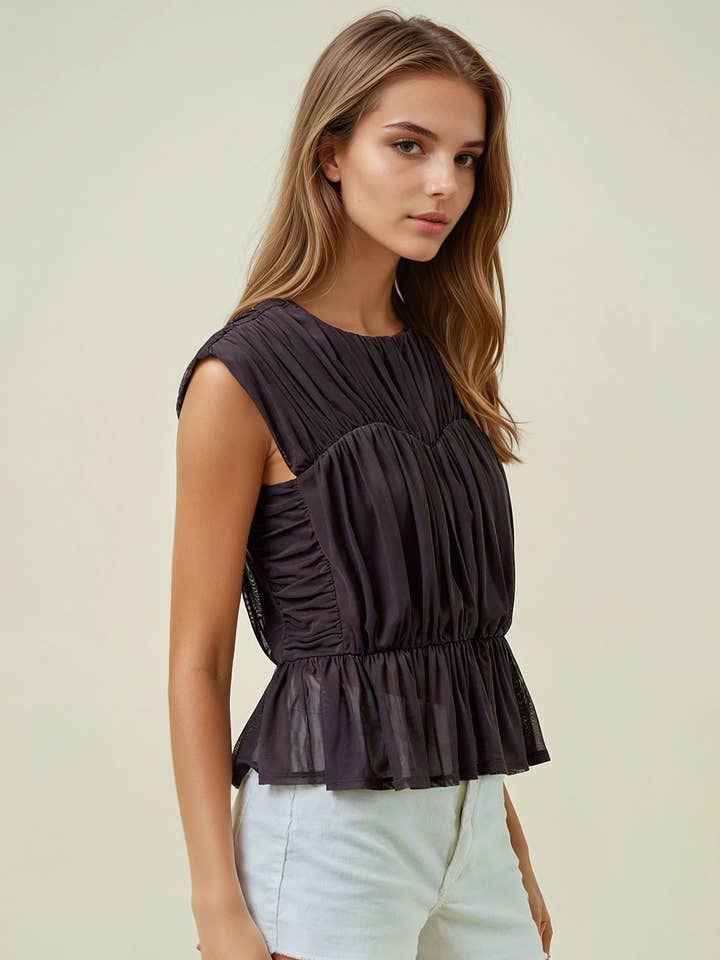 DARK CHOCOLATE SEMI SHEER SHIRRED PEPLUM KNIT TOP - 45284T for wholesale on Faire2