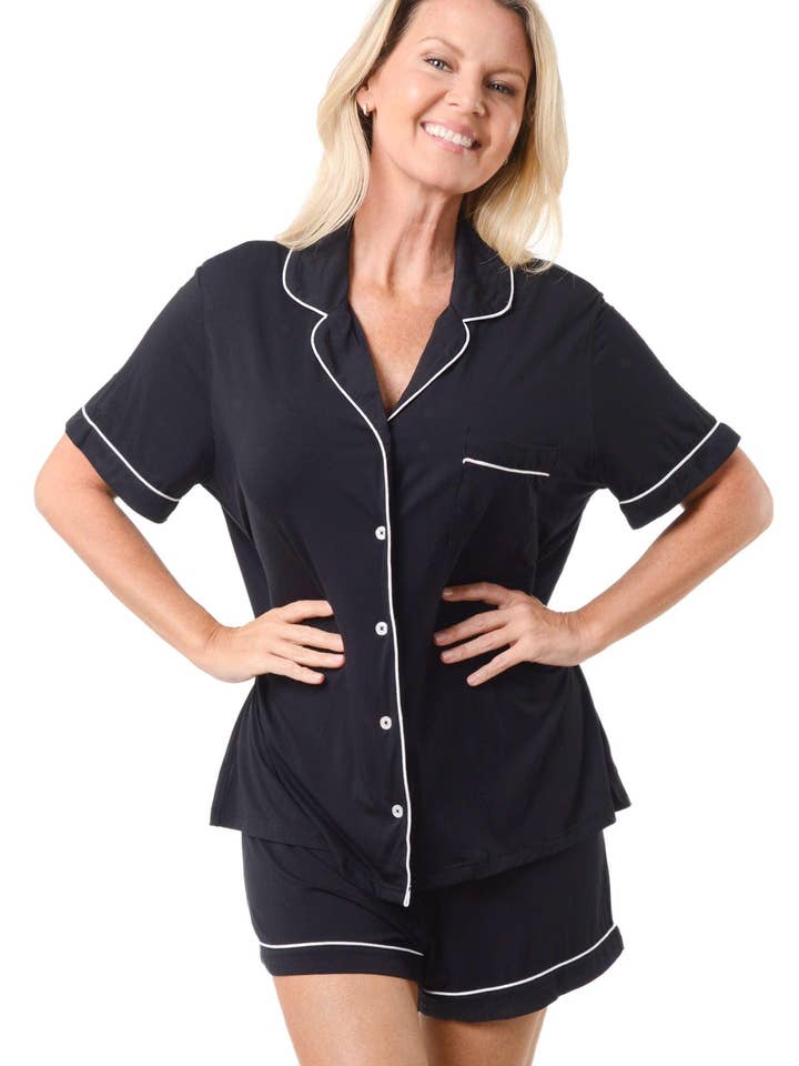 Women's Sleepwear Bamboo Boxer Short Set with White Piping for wholesale by Shapeez