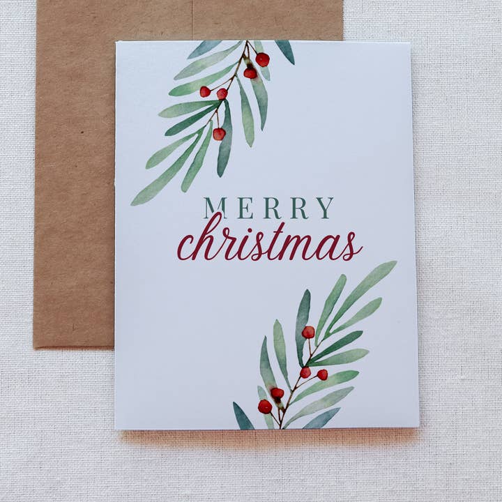Branches and Berries Watercolor Handmade Christmas Card for wholesale by Darling Rosary