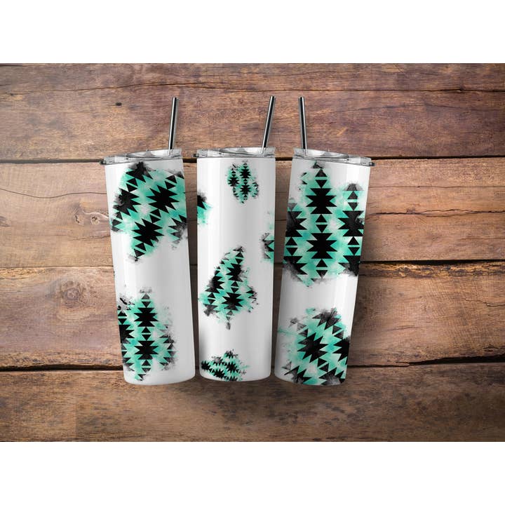 blue aztec patches 20oz skinny tumbler for wholesale by The Goblin Saloon