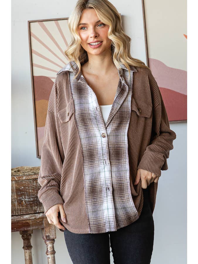 7th Ray - Wholesale Shirt Jacket/Shacket - Women's - Rib Plaid Contrast Drop Shoulder Button Down Shacket T5809