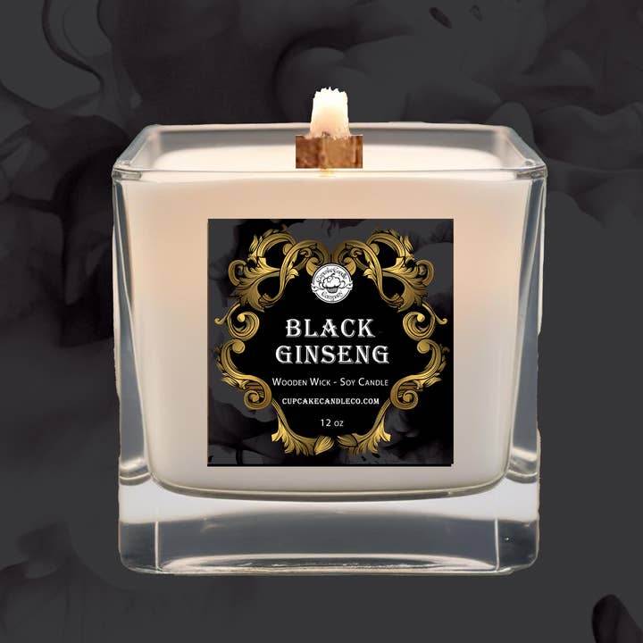 Mens Collection Black Ginseng Wood Wick Candle for wholesale by Cupcake Candle Company