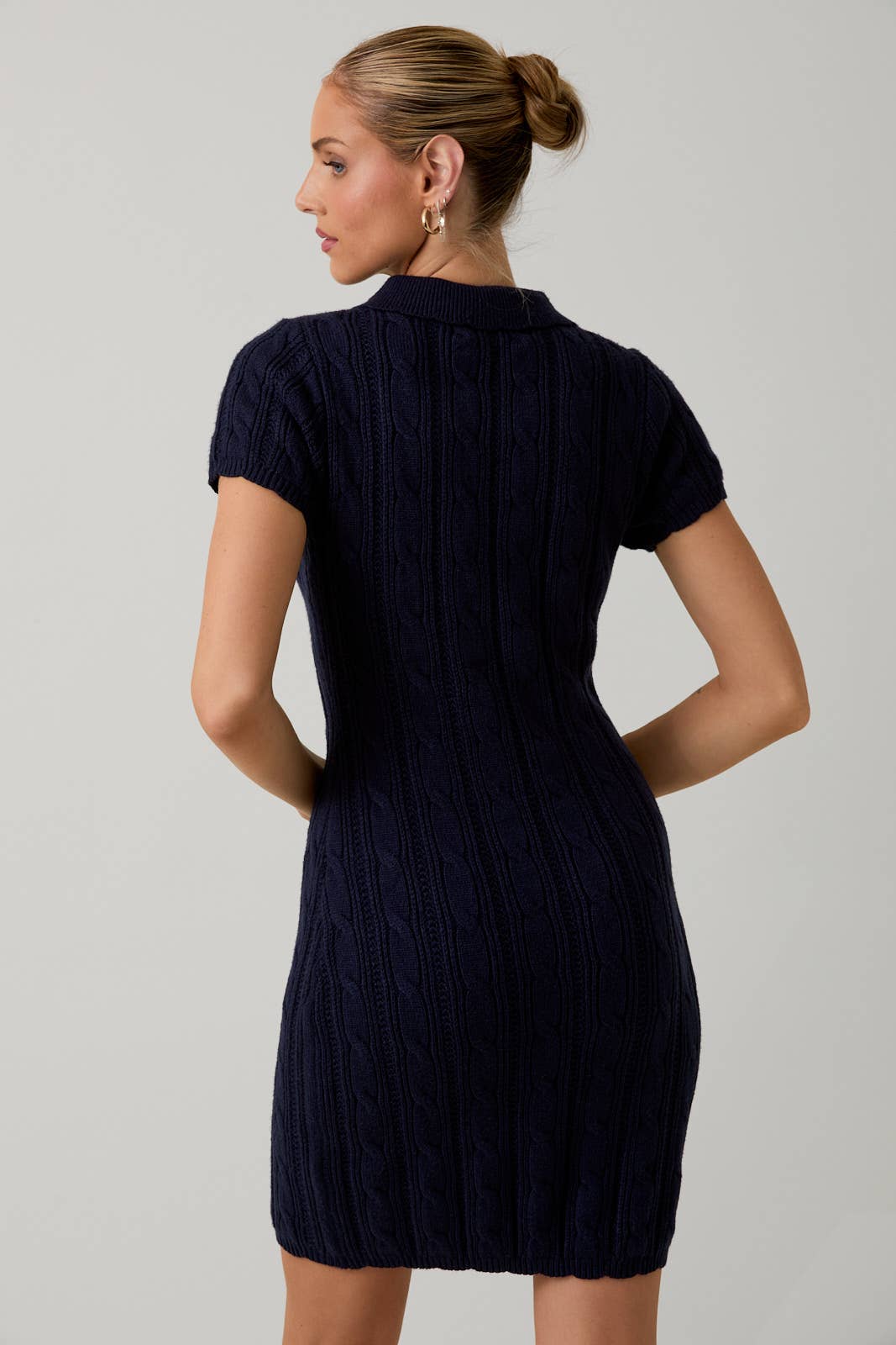 NAVY COLLAR SCALLOP DETAIL CABLE KNIT SWEATER MIDI DRESS for wholesale on Faire2