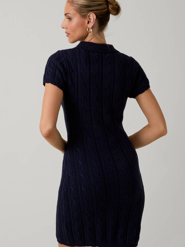 NAVY COLLAR SCALLOP DETAIL CABLE KNIT SWEATER MIDI DRESS for wholesale on Faire2