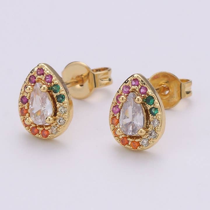 Colorful Gold Tiny Stud Earrings - Rainbow Micro Pave Studs - Dainty CZ Studs 10mm Tear Drop Crystal Small Stud Earrings Q-252 for wholesale by Aim Eternal
