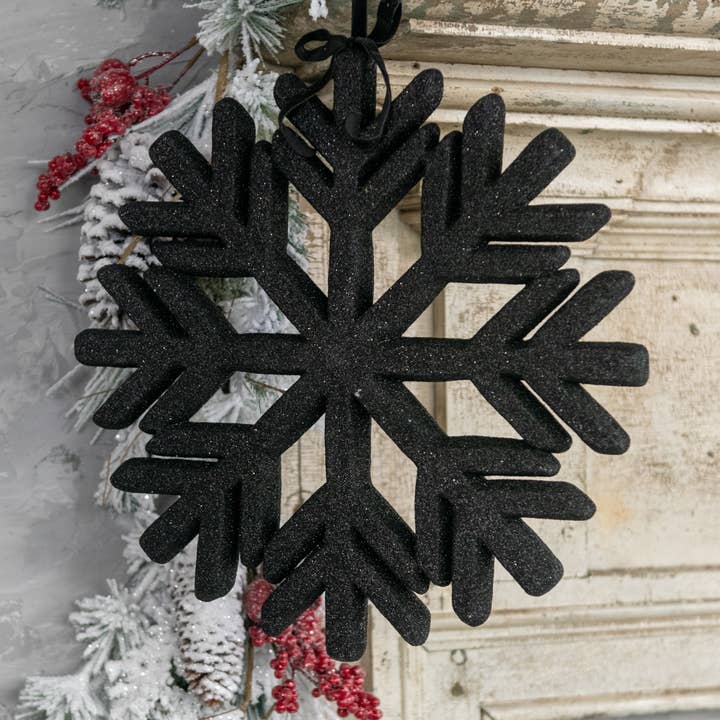 Adorno de copo de nieve negro de 13" con purpurina para venta al por mayor de Ragon House
