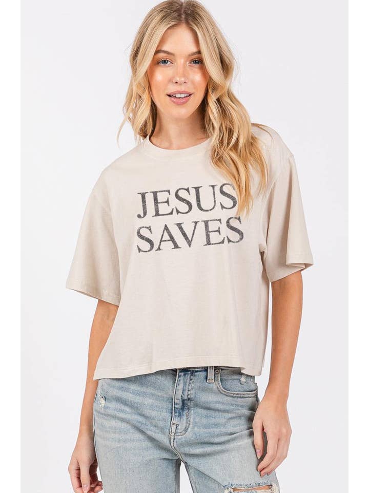 Zutter - Wholesale Screen Printed T-Shirt - Women's - Jesus Saves Graphic S/S Relaxed Faux Crop Tee2