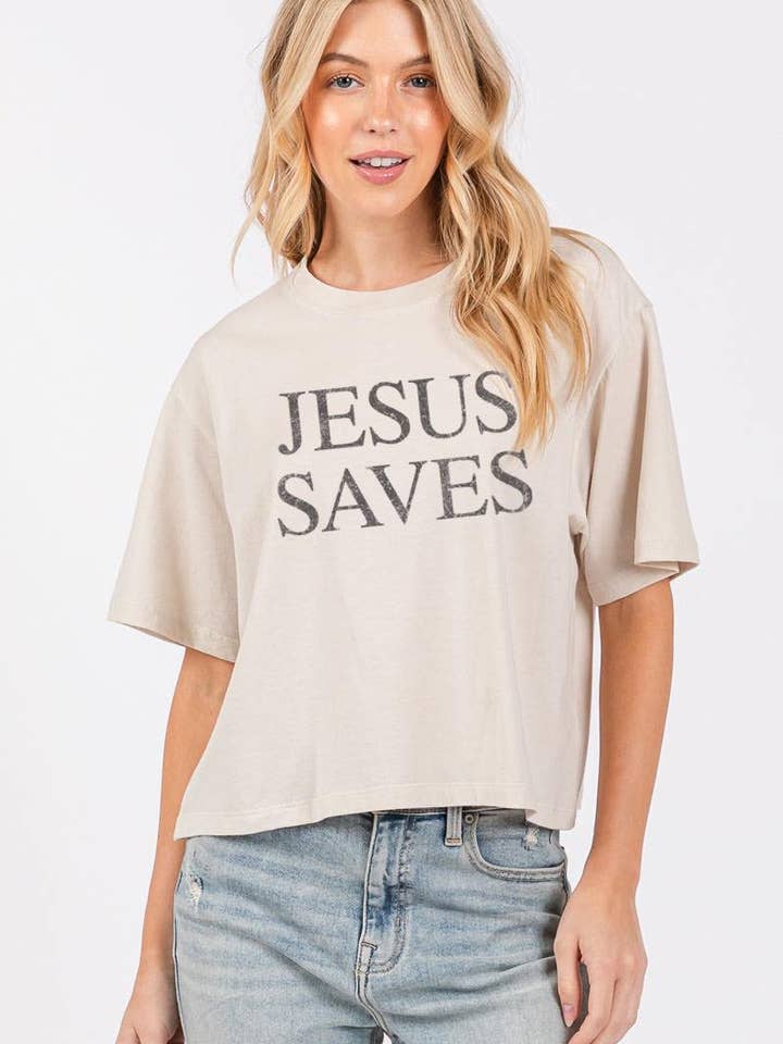 Jesus Saves Graphic S/S Relaxed Faux Crop Tee for wholesale by Zutter