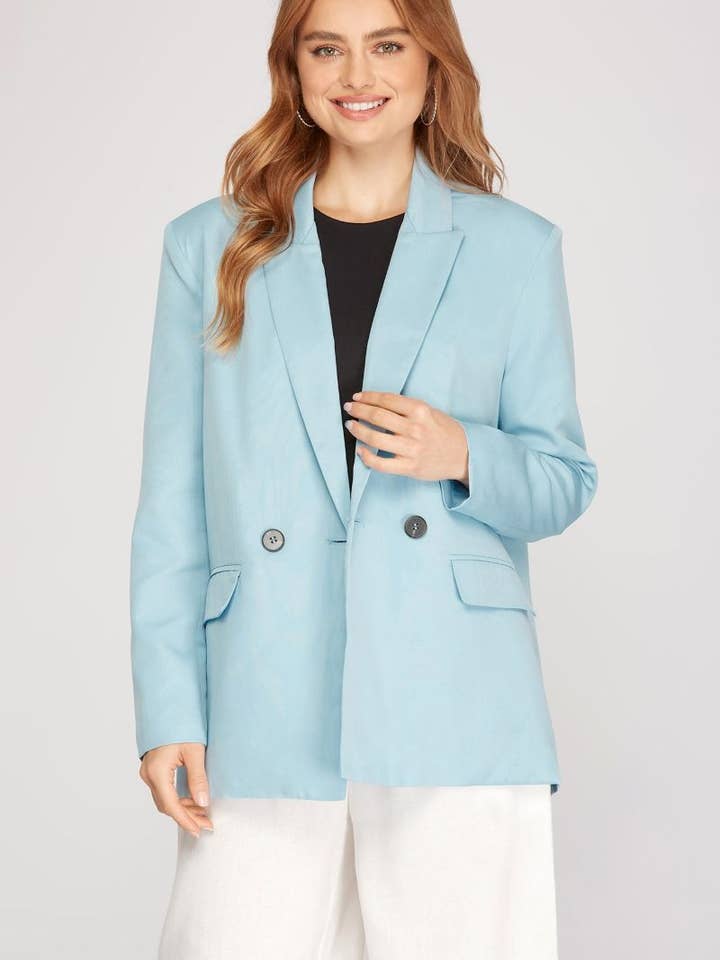 LT. BLUE DOUBLE-BREASTED BUTTON LONG SLEEVES BLAZER JACKET for wholesale by Stylish Wholesale