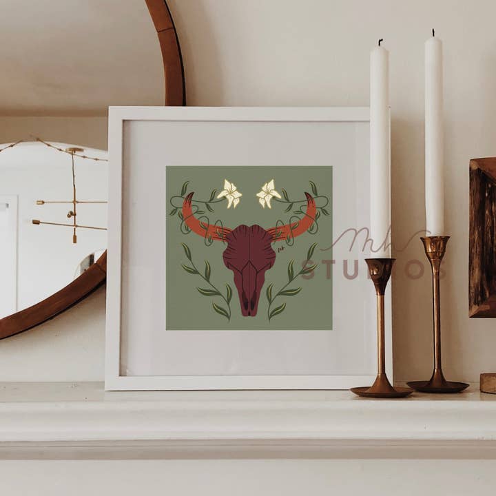 Floral Cow Skull 8x8 Print | Occult Witchcore Cottagecore for wholesale by MH Studios