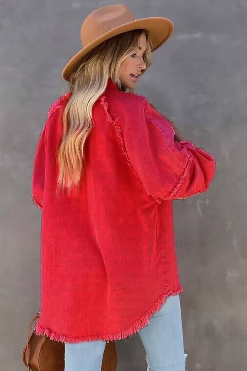 Lily Clothing - Wholesale Jacket - Women's - Loose raw edge patchwork pocket denim shirt jacket10