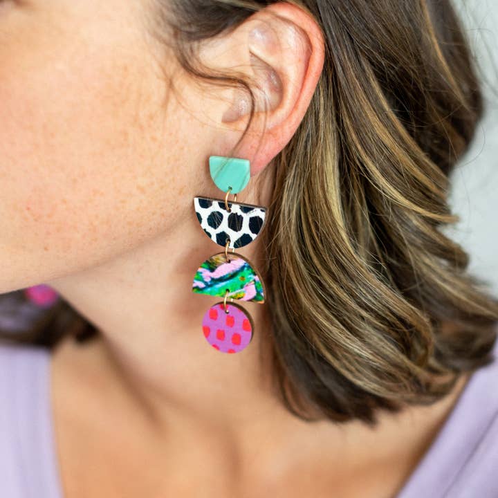 Jocelyn - Vivian Black Dot Pattern Mix Print Statement Earring for wholesale by Audra Style