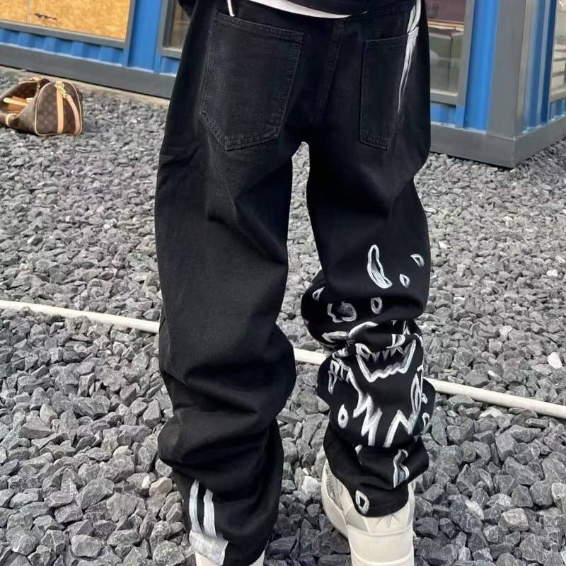 Black Hip-hop skull jeans men's straight trousers for wholesale on Faire6