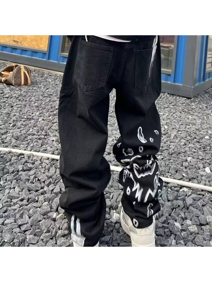 Black Hip-hop skull jeans men's straight trousers for wholesale on Faire6