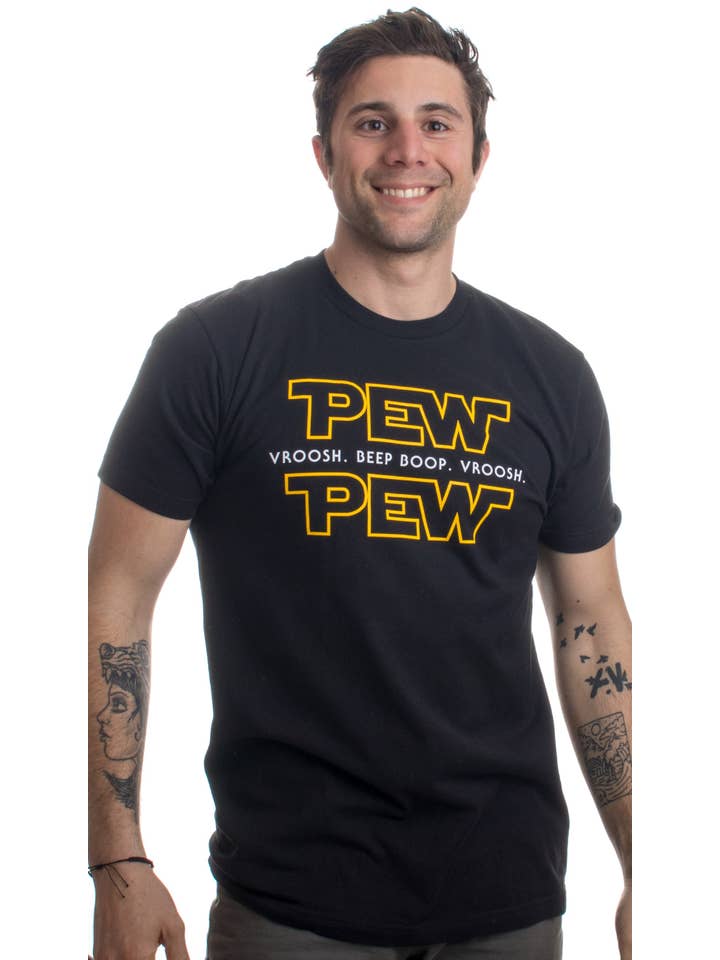 Black Pew Pew Wars Funny Sci-fi Space Star T-Shirt for Geeks for wholesale on Faire