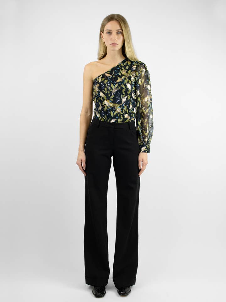 Valentina One-Shoulder Black Onyx Lurex Blouse for wholesale by Arara