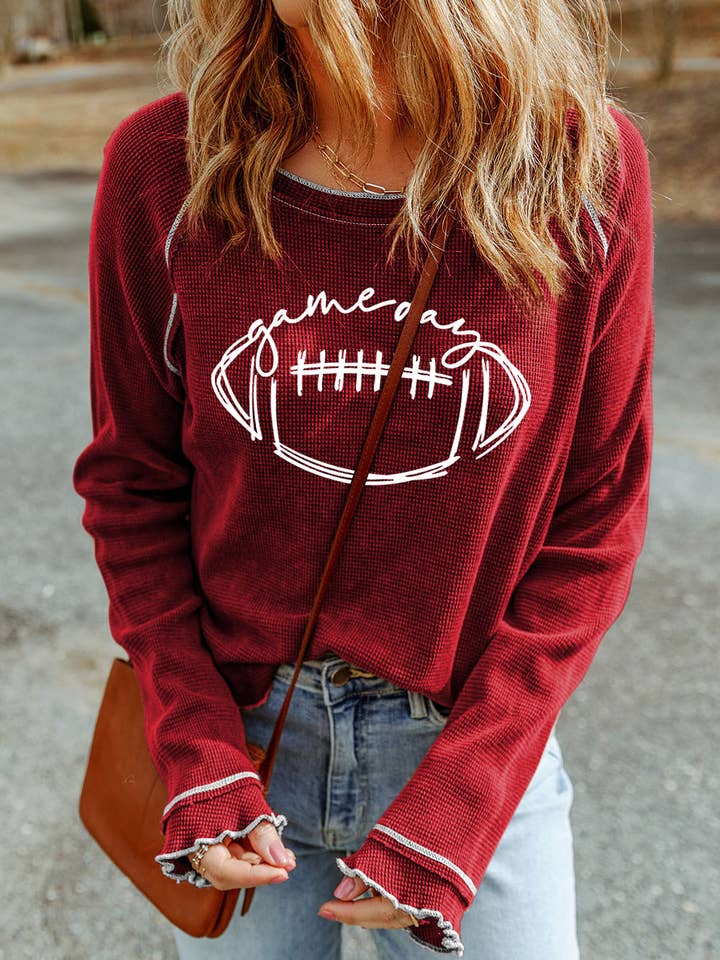 Game Day Rugby Football Graphic Thermal Knit Top for wholesale by 1 the Woman