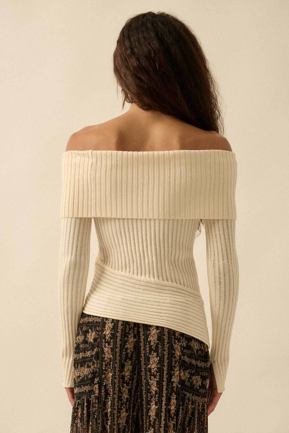 Promesa USA - Wholesale Knit Sweater - Women's - Sheer Rib-Knit Off-Shoulder Foldover Sweater23