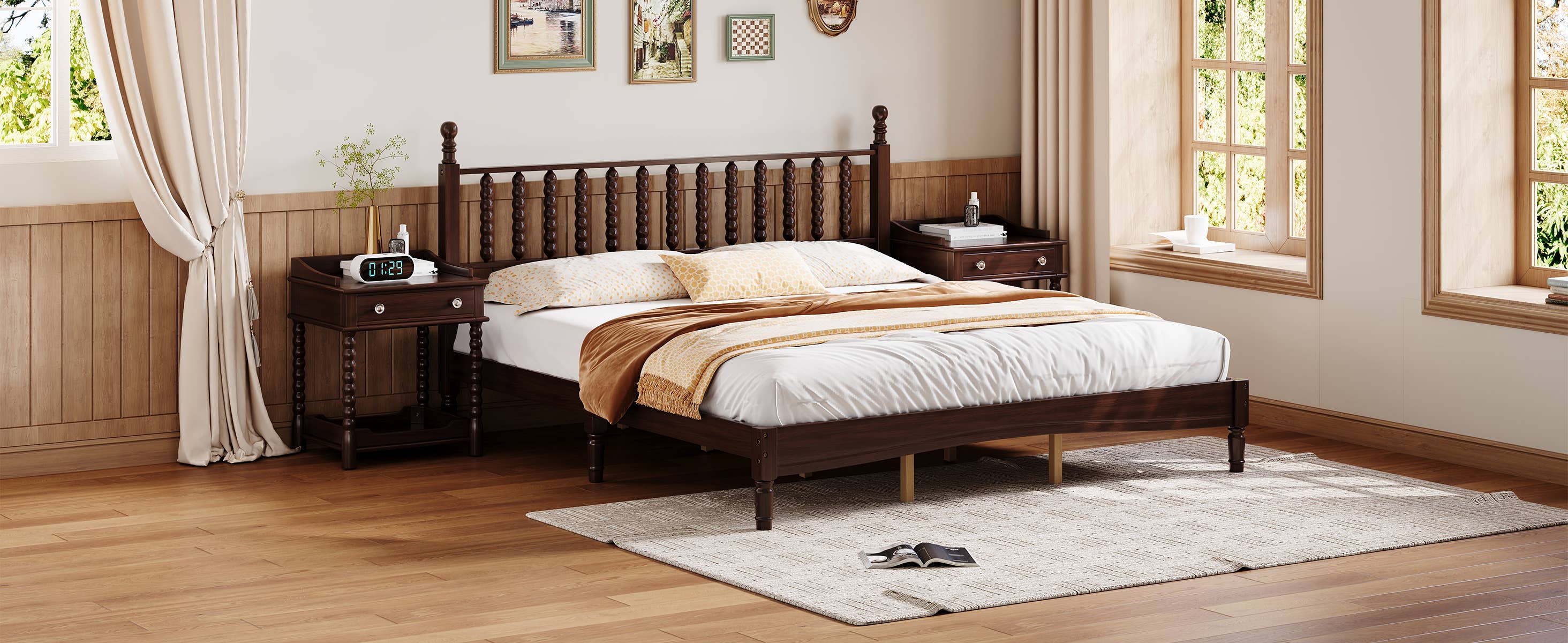 39F Inc. - Wholesale Bed - Retro Wood Platform Bed King/Queen/Full & Nightstand, Walnut2