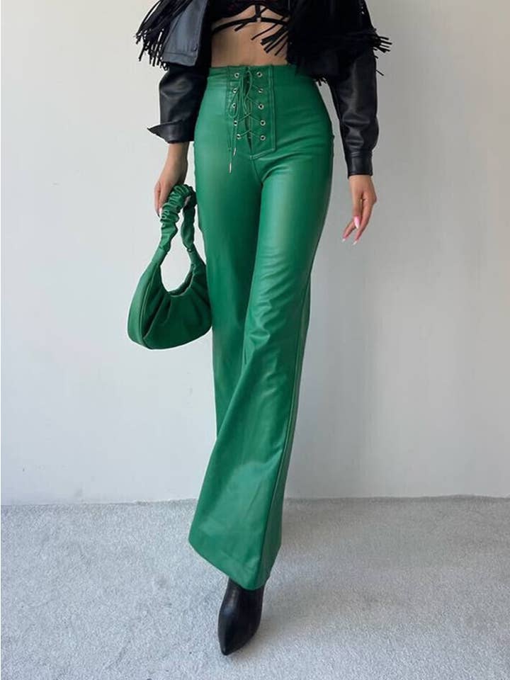 HIDDENBRAND - Wholesale Pants - Women's - High-waisted slightly flared PU faux leather pants6