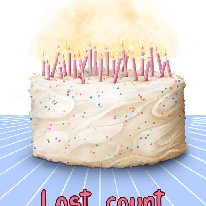 Katie Tinkler illustration - Vendita all'ingrosso Biglietti di auguri - Biglietto di Auguri a Tema Alimentare - Torta di Compleanno Persa nel Conteggio