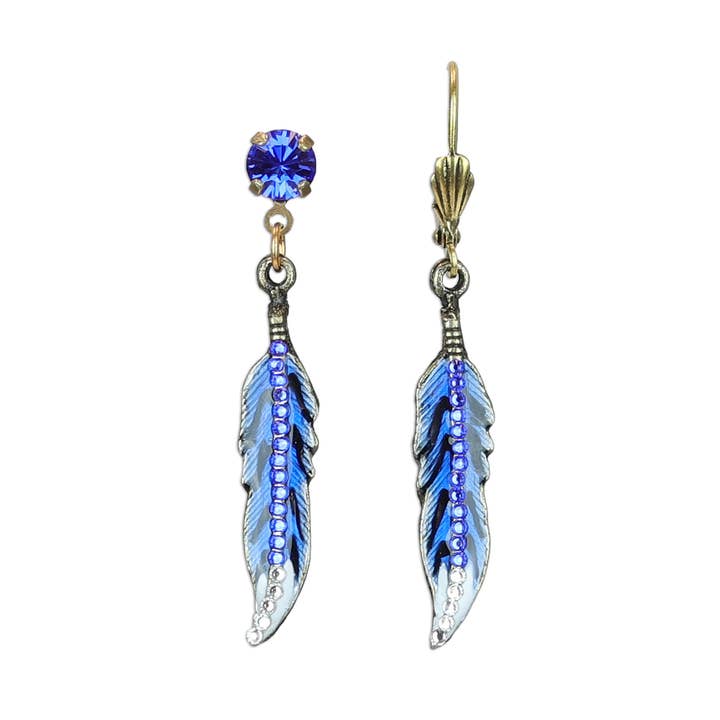 Brincos com Charme de Cristal Blue Jay Feather por atacado de Anne Koplik Designs, Inc.