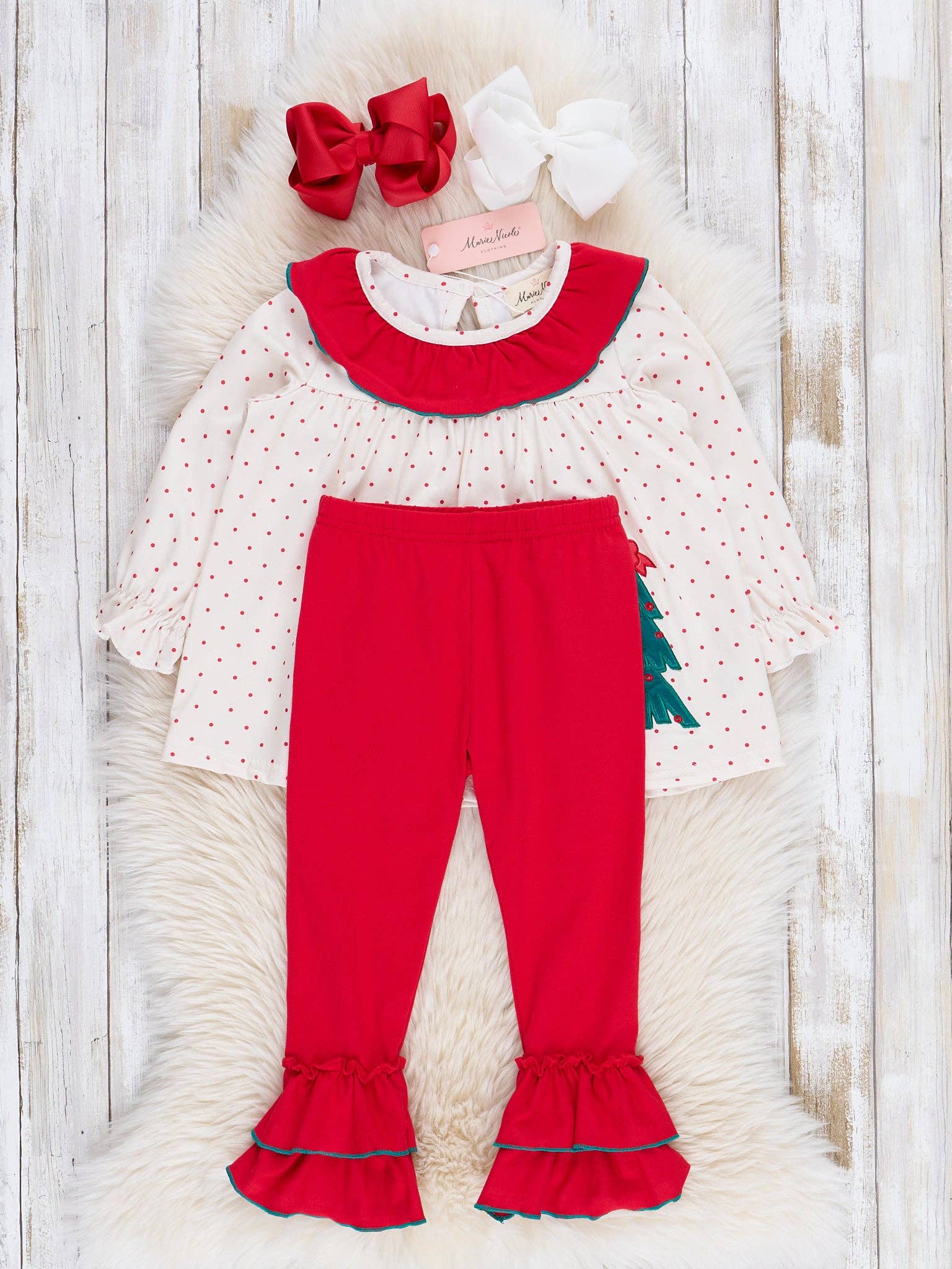 Marie Nicole Clothing - Wholesale Top & Leggings Set - Kids - Polka Dots Embroidered Trees Ruffle Outfit1