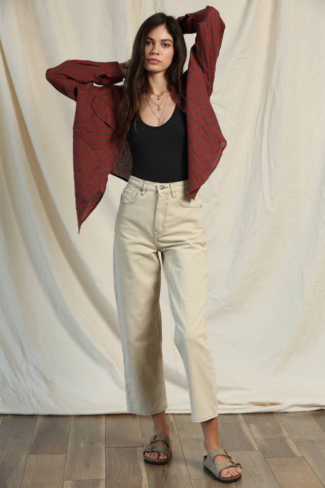 Rouge L4835 | Chemise en lin tissé à manches longues avec boutons en vente sur Faire1