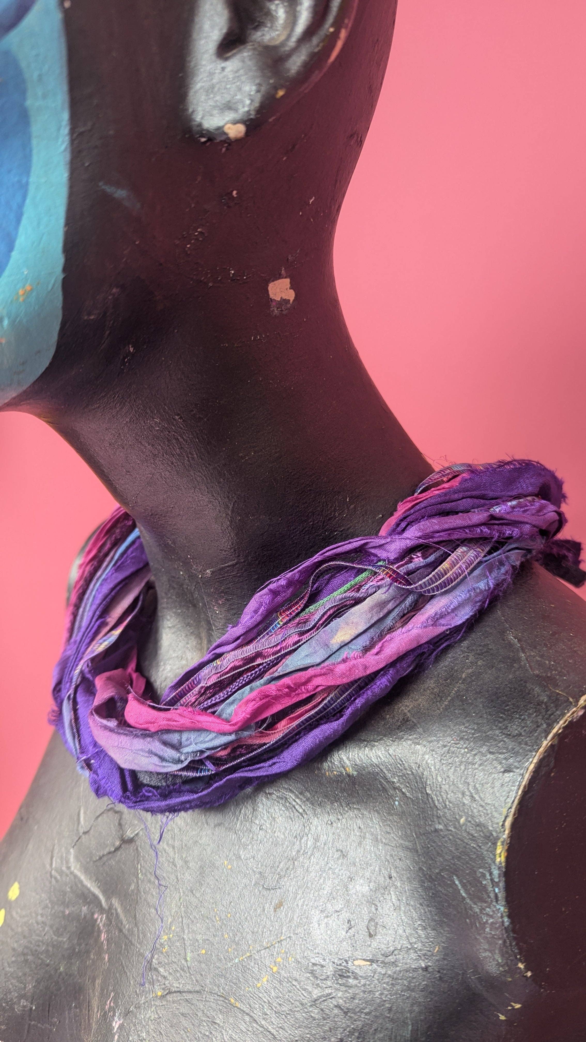 Megan Crook Textiles – wholesale Woven necklace – Silk Yarn Necklace in Pink and Purple3